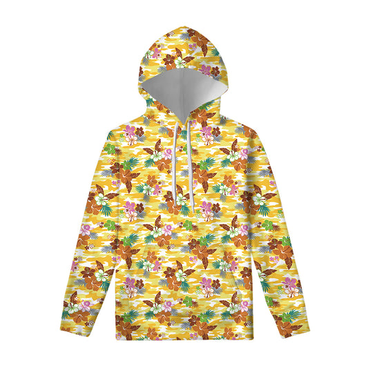 Yellow Camo And Hibiscus Flower Print Pullover Hoodie