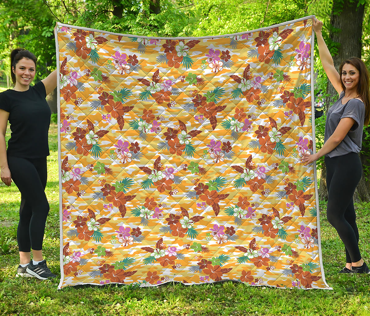 Yellow Camo And Hibiscus Flower Print Quilt