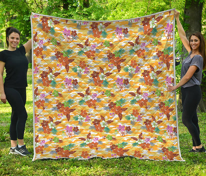 Yellow Camo And Hibiscus Flower Print Quilt