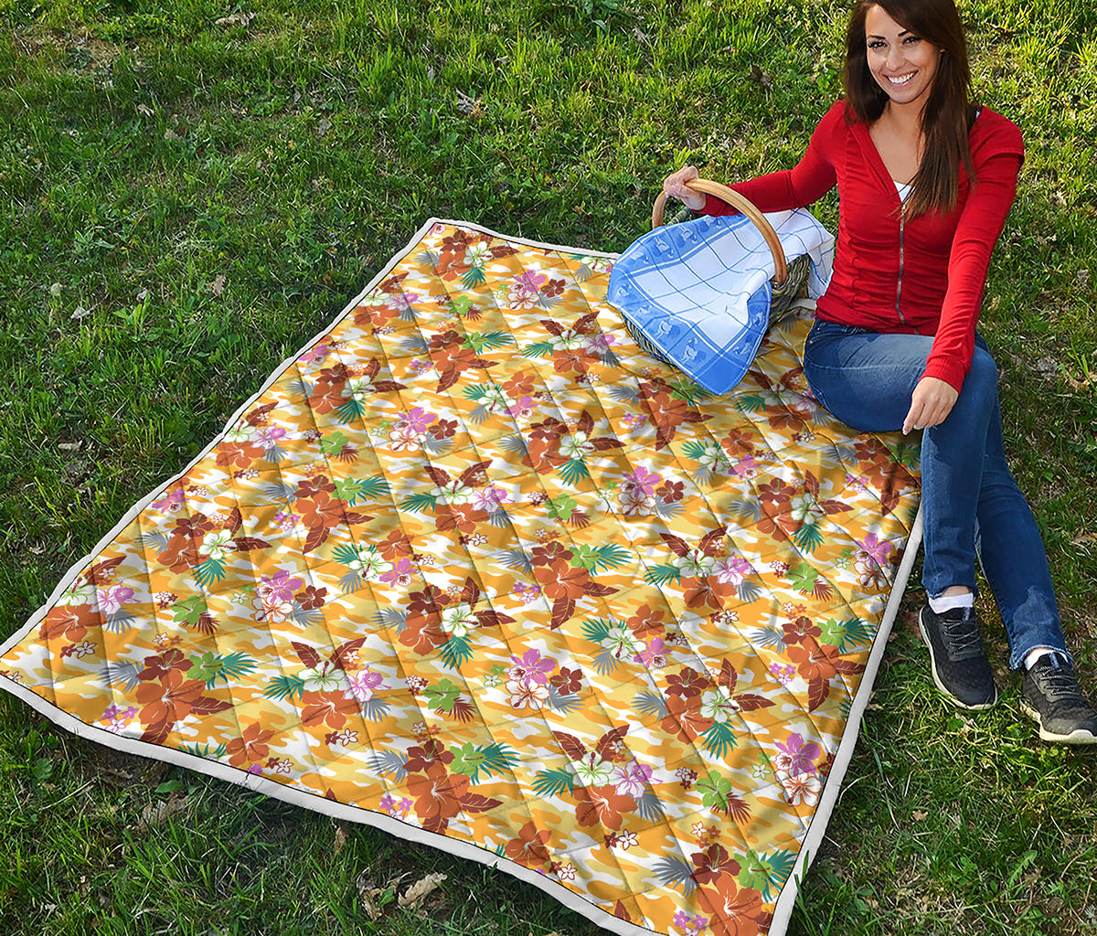 Yellow Camo And Hibiscus Flower Print Quilt