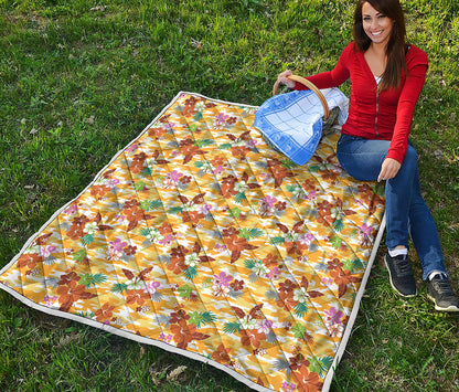 Yellow Camo And Hibiscus Flower Print Quilt