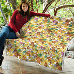 Yellow Camo And Hibiscus Flower Print Quilt