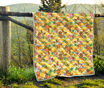 Yellow Camo And Hibiscus Flower Print Quilt