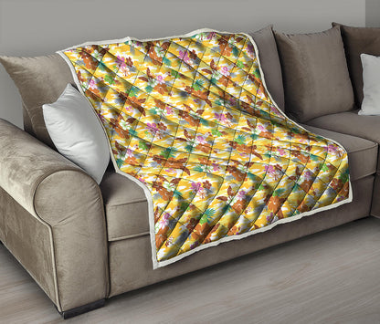 Yellow Camo And Hibiscus Flower Print Quilt