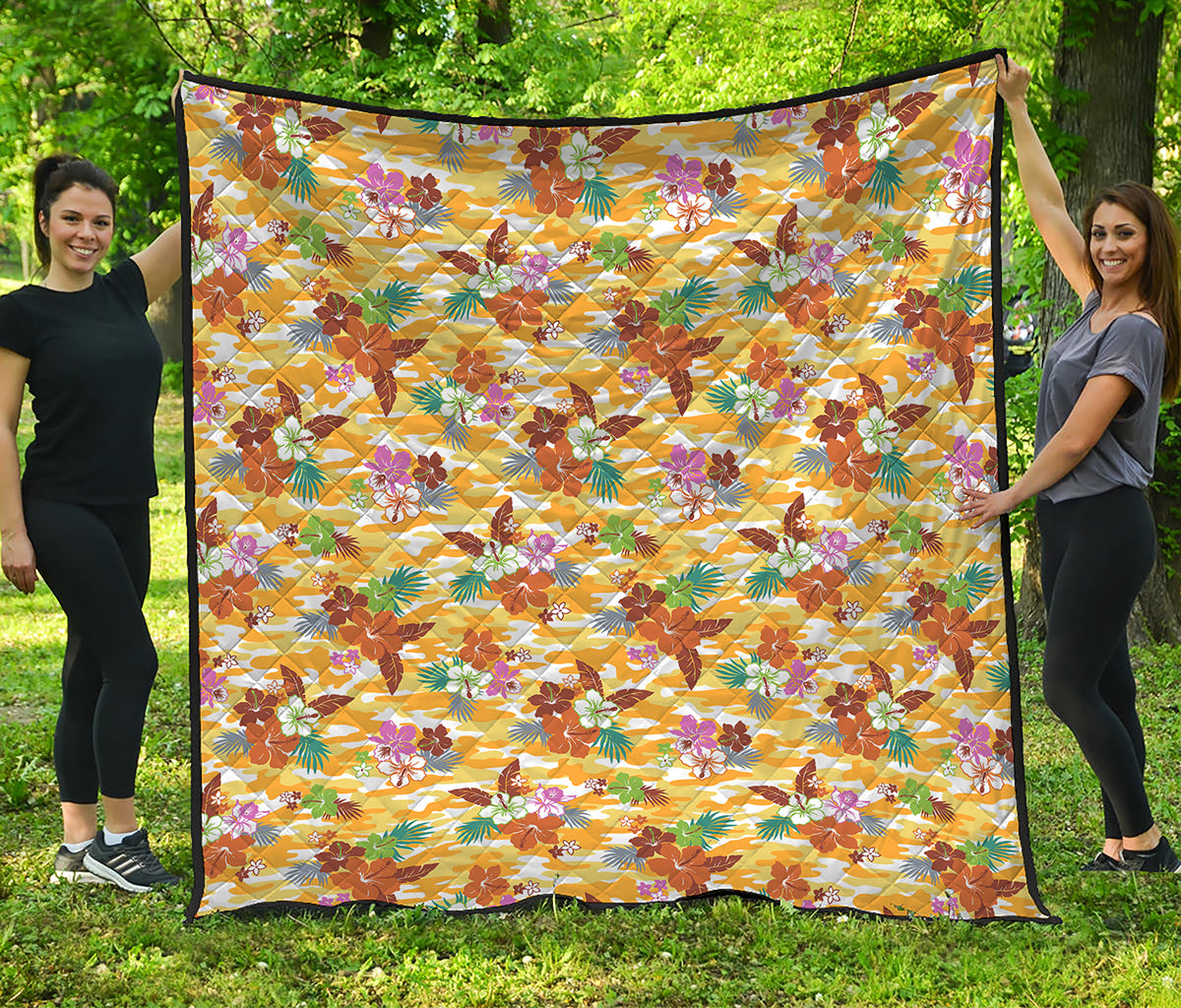 Yellow Camo And Hibiscus Flower Print Quilt