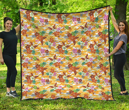 Yellow Camo And Hibiscus Flower Print Quilt