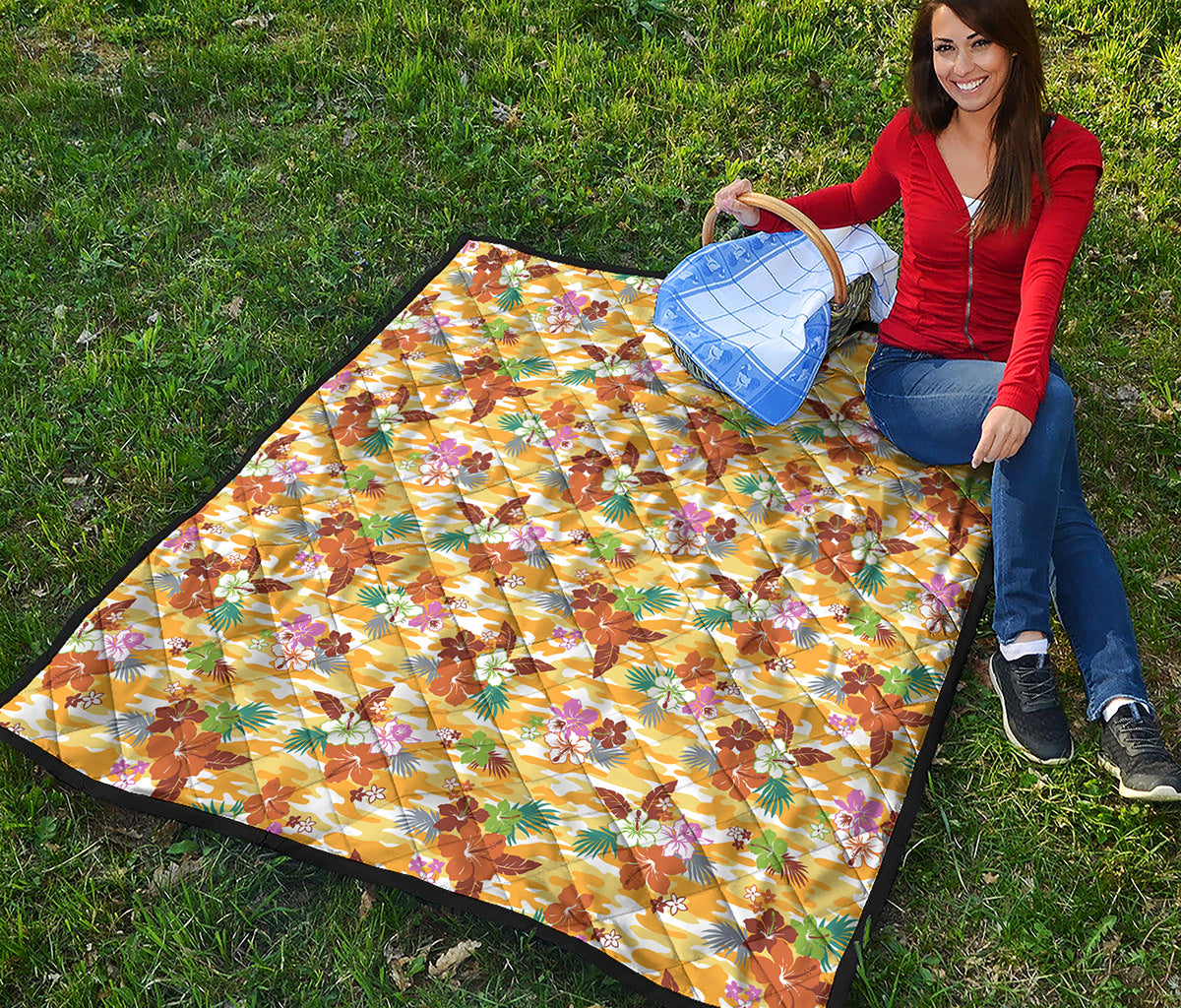 Yellow Camo And Hibiscus Flower Print Quilt