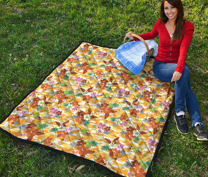 Yellow Camo And Hibiscus Flower Print Quilt
