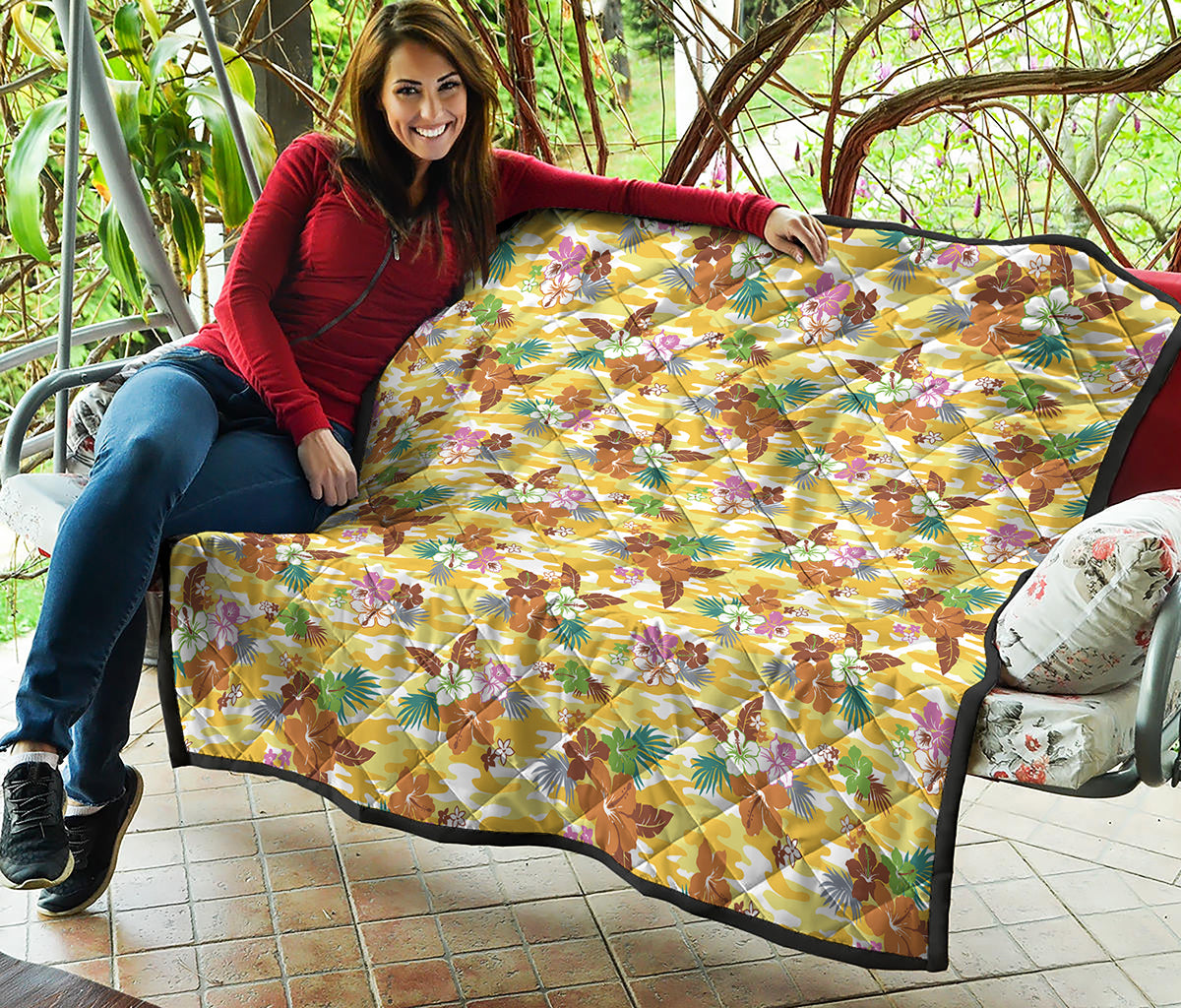 Yellow Camo And Hibiscus Flower Print Quilt