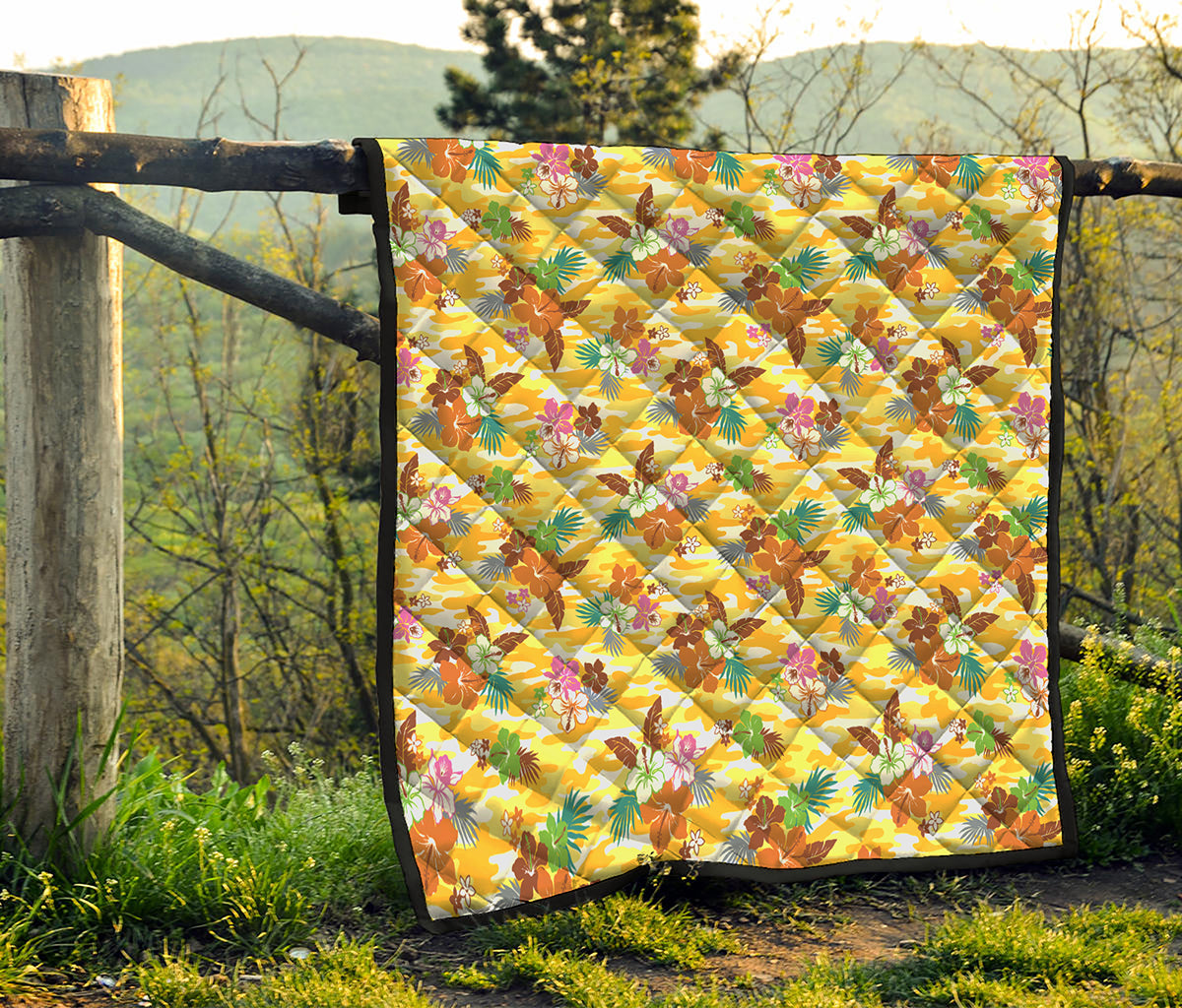 Yellow Camo And Hibiscus Flower Print Quilt