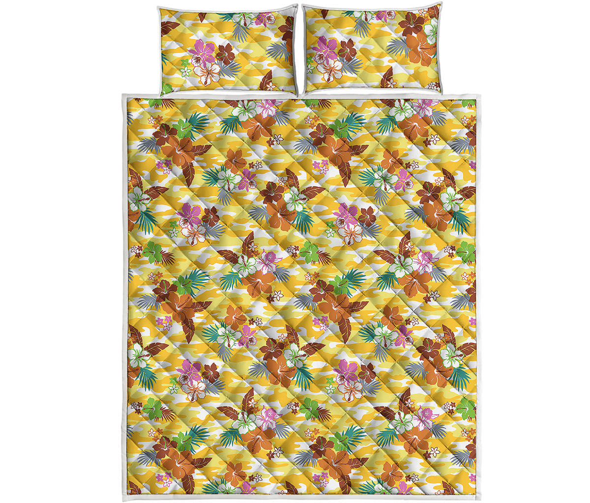 Yellow Camo And Hibiscus Flower Print Quilt Bed Set