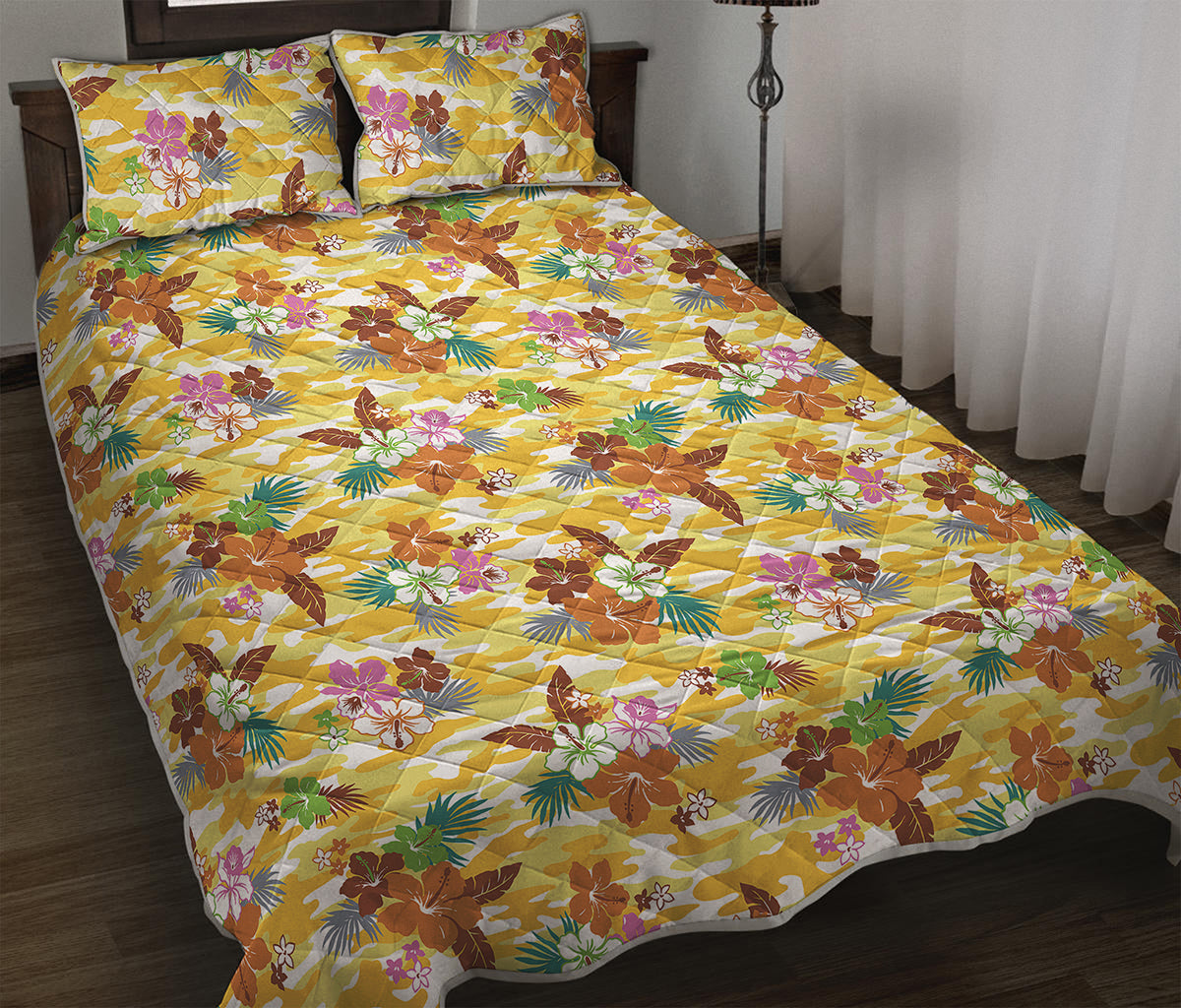 Yellow Camo And Hibiscus Flower Print Quilt Bed Set