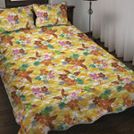 Yellow Camo And Hibiscus Flower Print Quilt Bed Set