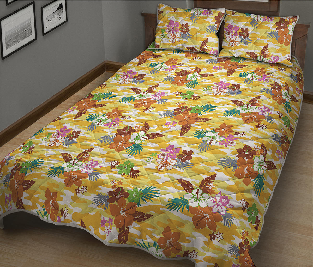 Yellow Camo And Hibiscus Flower Print Quilt Bed Set