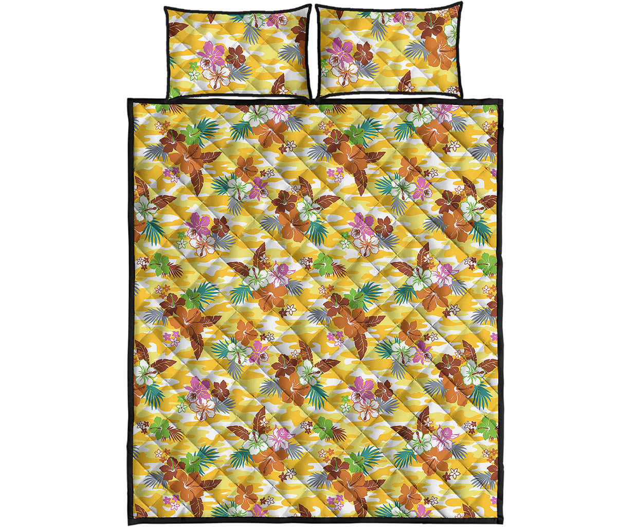 Yellow Camo And Hibiscus Flower Print Quilt Bed Set