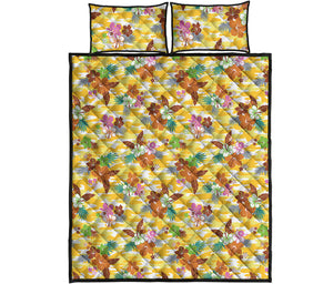 Yellow Camo And Hibiscus Flower Print Quilt Bed Set