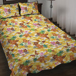 Yellow Camo And Hibiscus Flower Print Quilt Bed Set