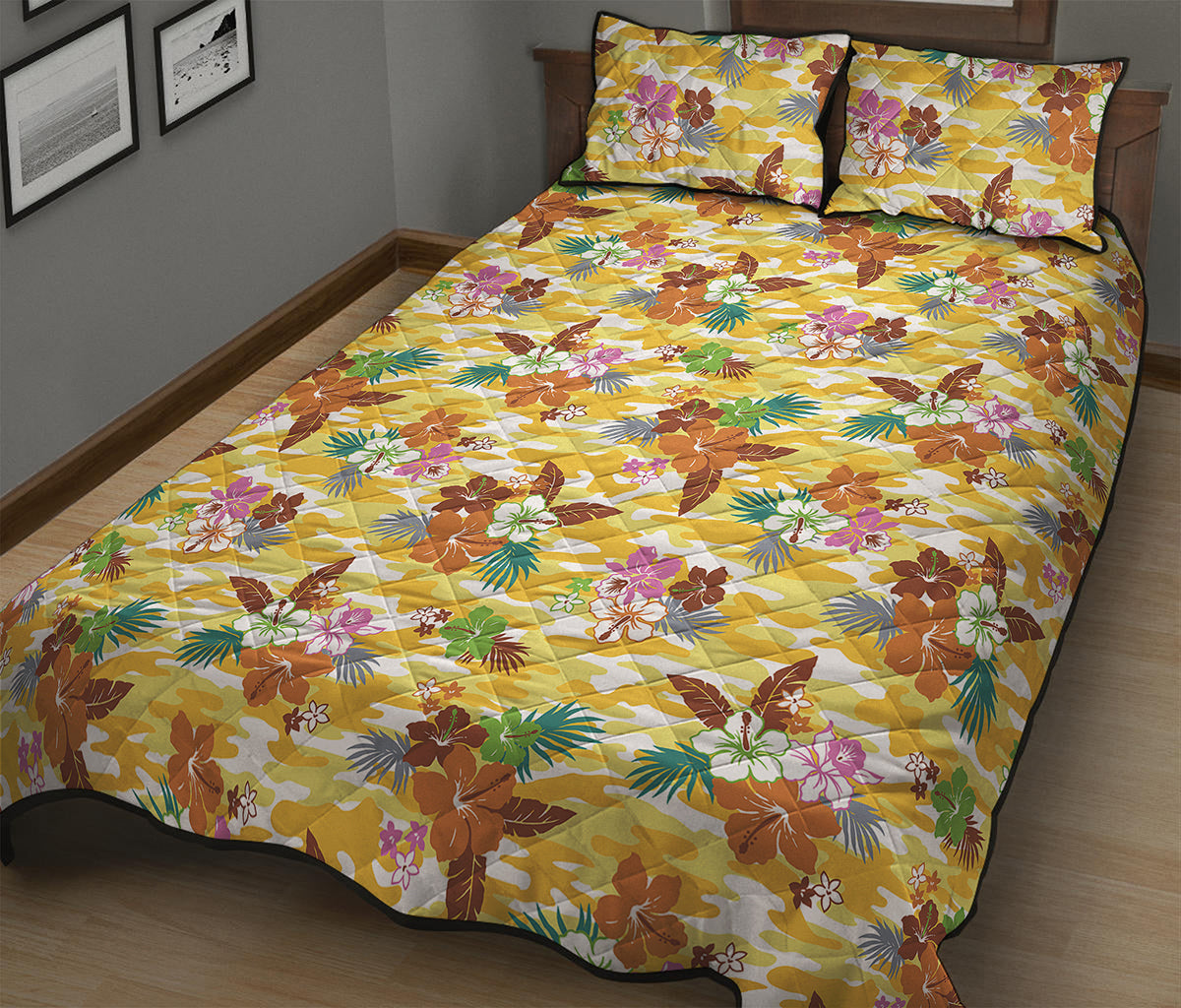 Yellow Camo And Hibiscus Flower Print Quilt Bed Set