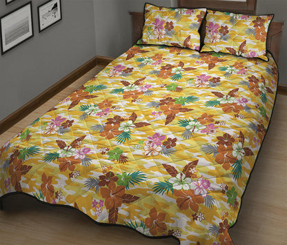 Yellow Camo And Hibiscus Flower Print Quilt Bed Set