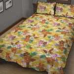 Yellow Camo And Hibiscus Flower Print Quilt Bed Set