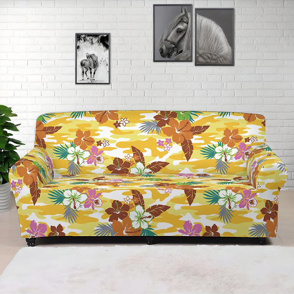 Yellow Camo And Hibiscus Flower Print Sofa Cover