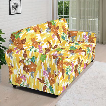Yellow Camo And Hibiscus Flower Print Sofa Cover