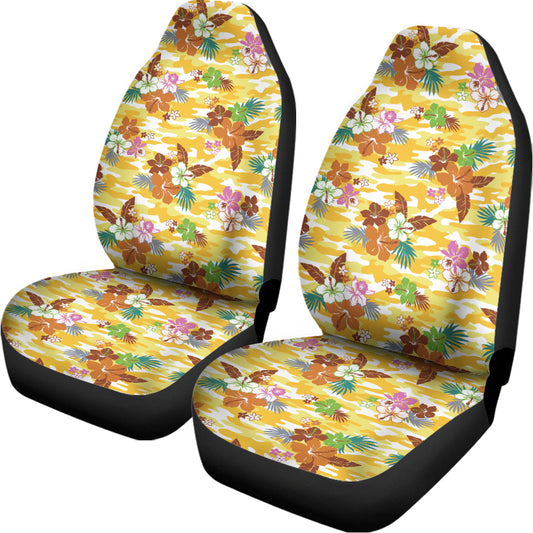 Yellow Camo And Hibiscus Flower Print Universal Fit Car Seat Covers