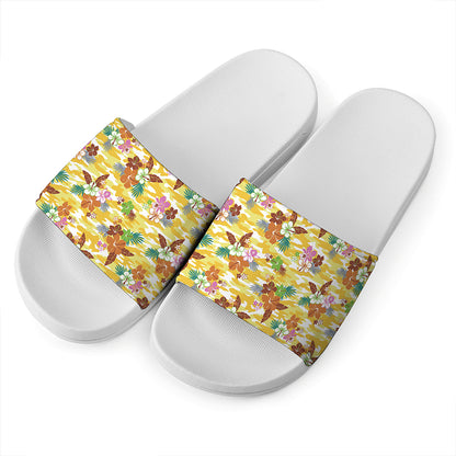 Yellow Camo And Hibiscus Flower Print White Slide Sandals