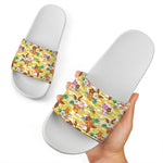 Yellow Camo And Hibiscus Flower Print White Slide Sandals