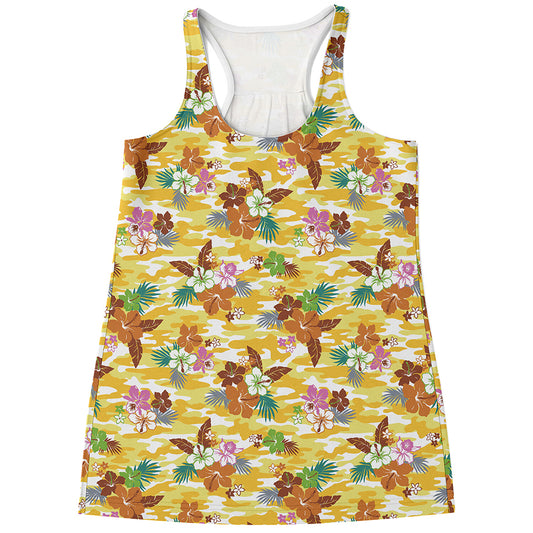Yellow Camo And Hibiscus Flower Print Women's Racerback Tank Top