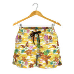 Yellow Camo And Hibiscus Flower Print Women's Shorts