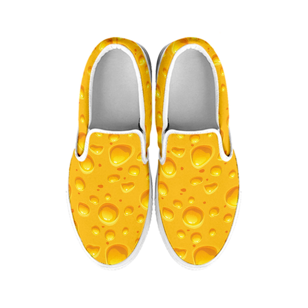 Yellow Cheese Print White Slip On Shoes