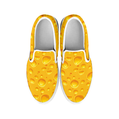 Yellow Cheese Print White Slip On Shoes