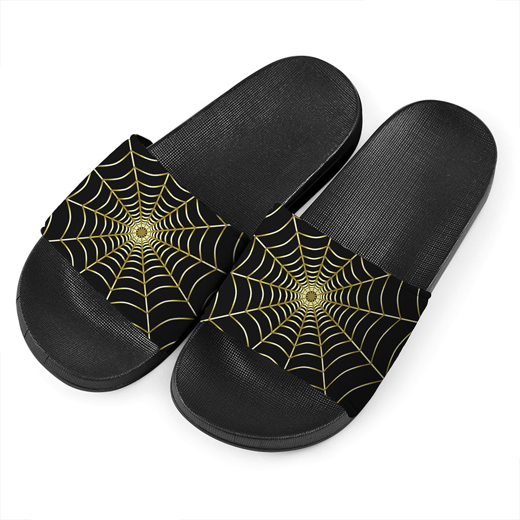 Yellow Cobweb Print Black Slide Sandals