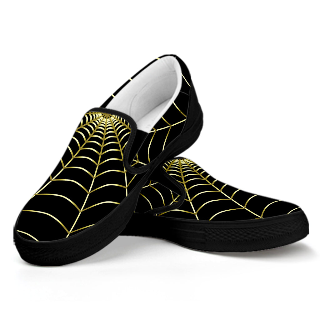 Yellow Cobweb Print Black Slip On Shoes