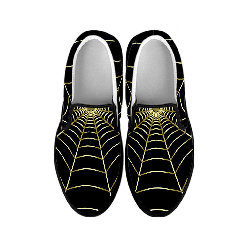 Yellow Cobweb Print Black Slip On Shoes