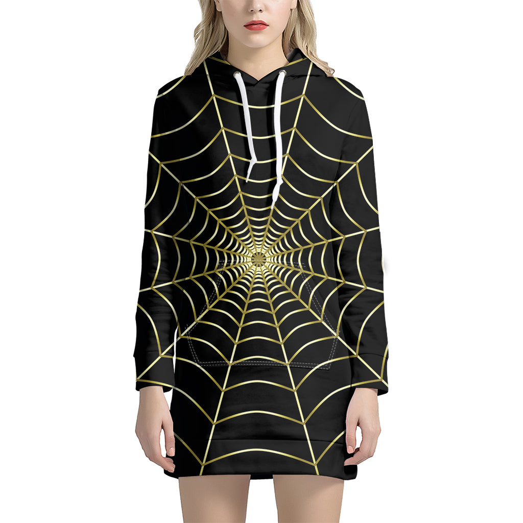 Yellow Cobweb Print Pullover Hoodie Dress