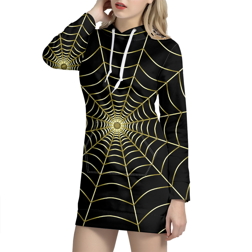 Yellow Cobweb Print Pullover Hoodie Dress