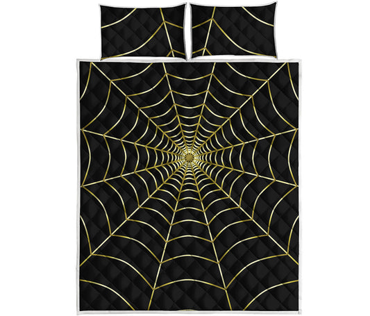 Yellow Cobweb Print Quilt Bed Set