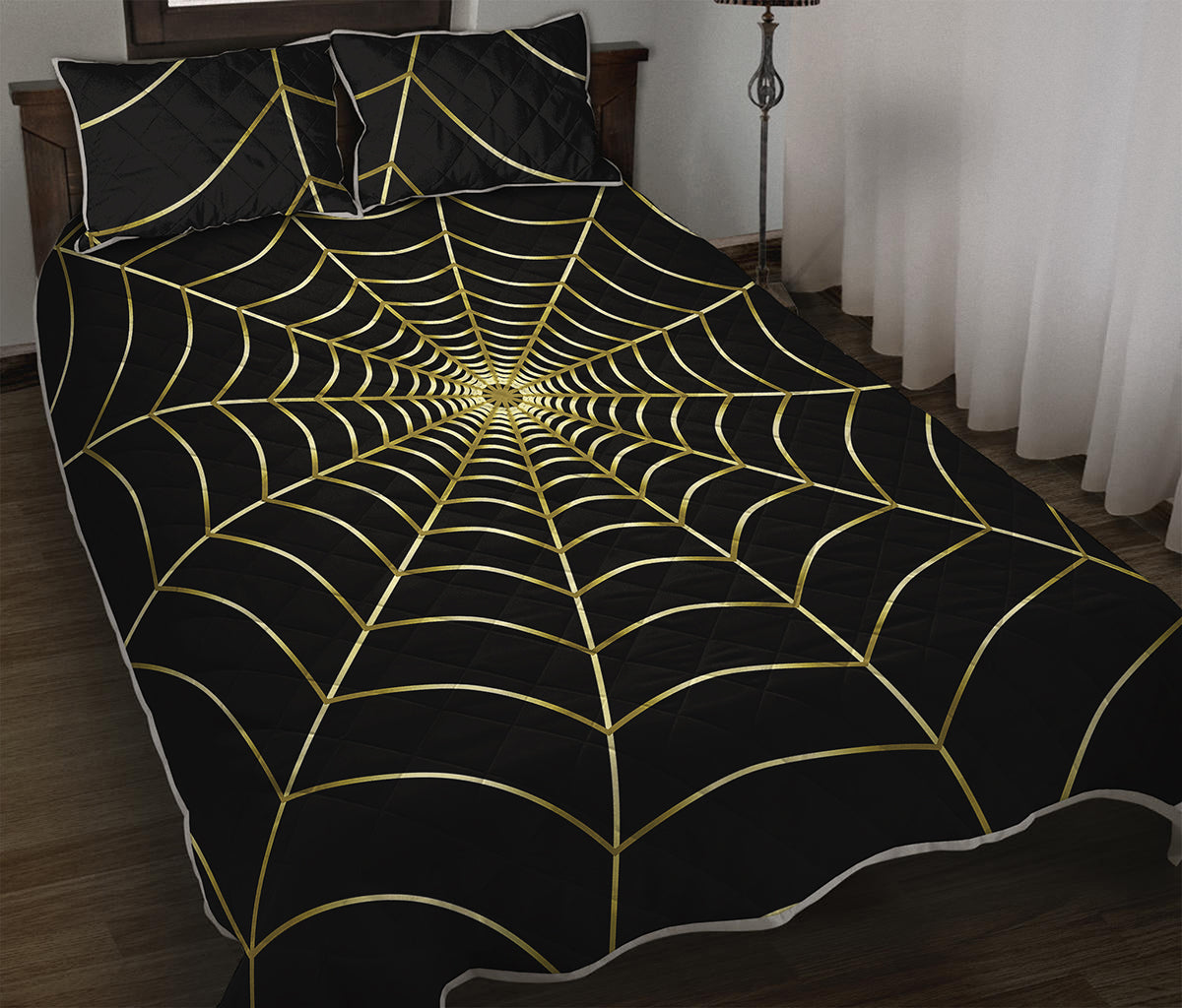 Yellow Cobweb Print Quilt Bed Set
