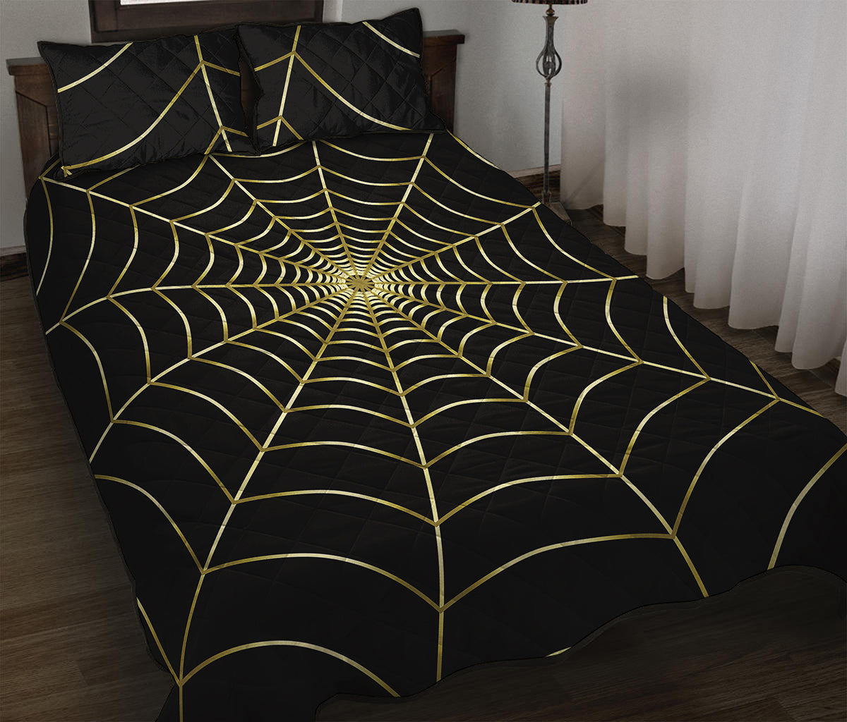 Yellow Cobweb Print Quilt Bed Set