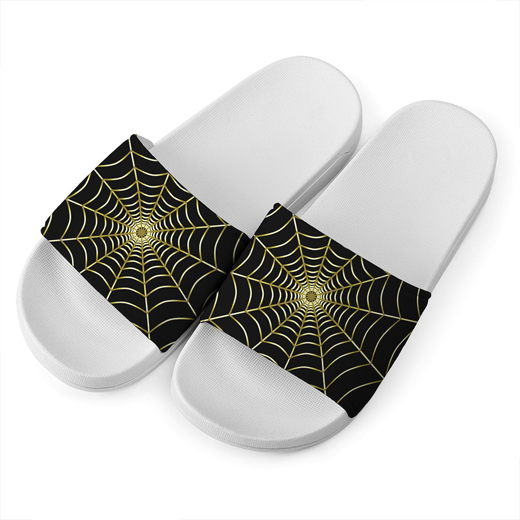 Yellow Cobweb Print White Slide Sandals