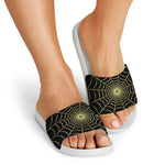 Yellow Cobweb Print White Slide Sandals