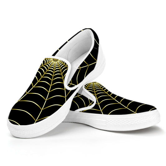 Yellow Cobweb Print White Slip On Shoes