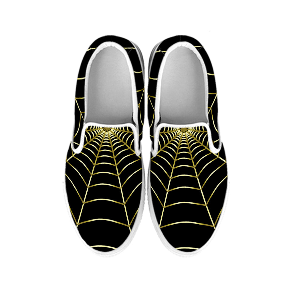 Yellow Cobweb Print White Slip On Shoes