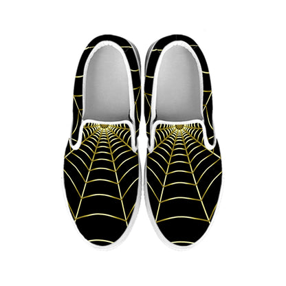 Yellow Cobweb Print White Slip On Shoes