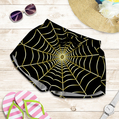 Yellow Cobweb Print Women's Shorts