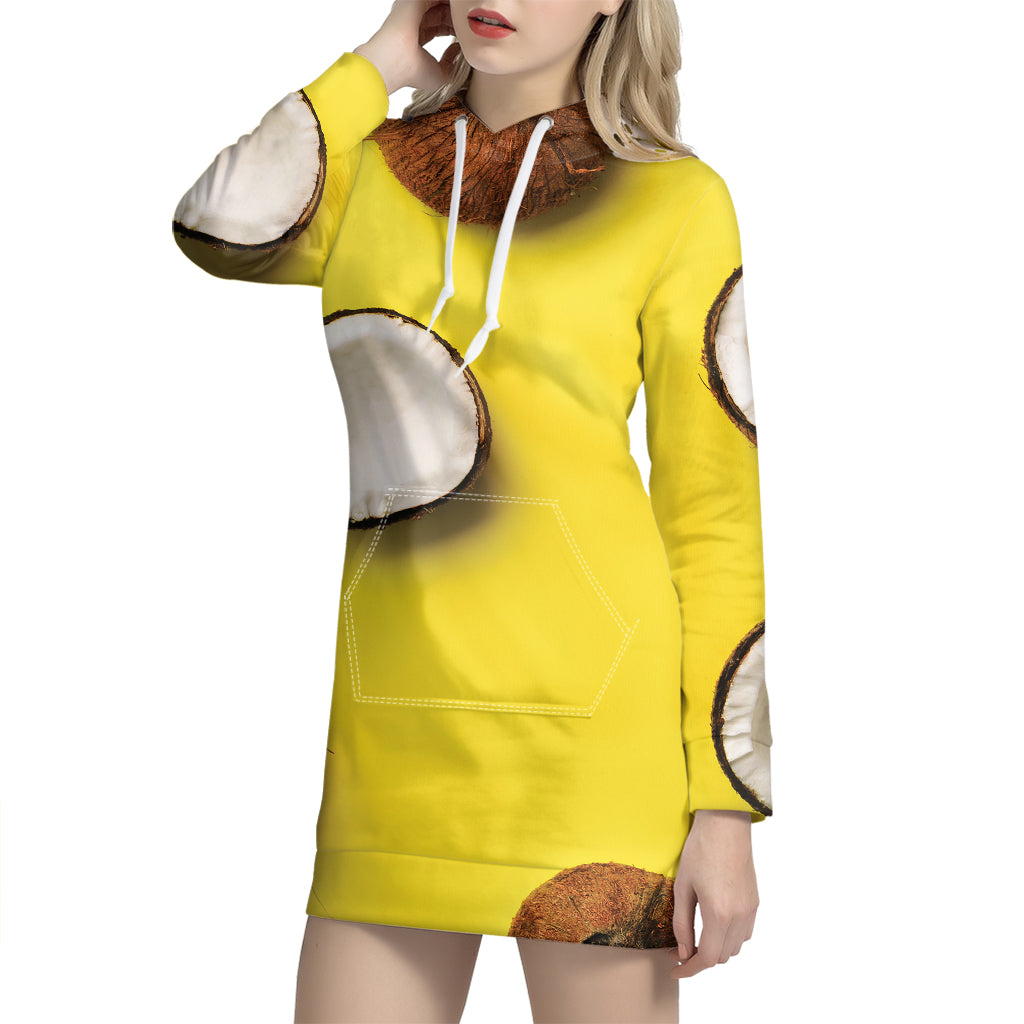 Yellow Coconut Pattern Print Hoodie Dress