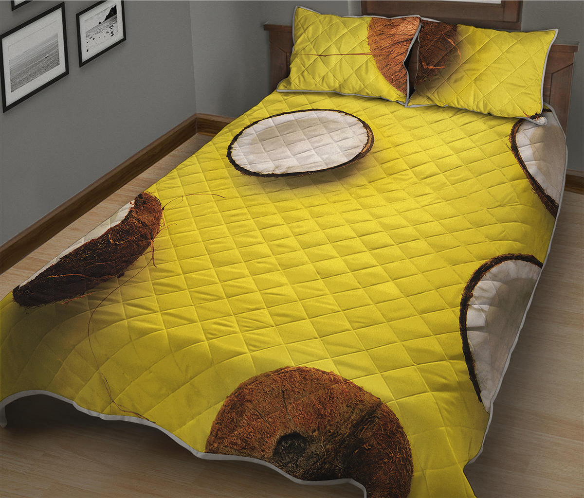 Yellow Coconut Pattern Print Quilt Bed Set