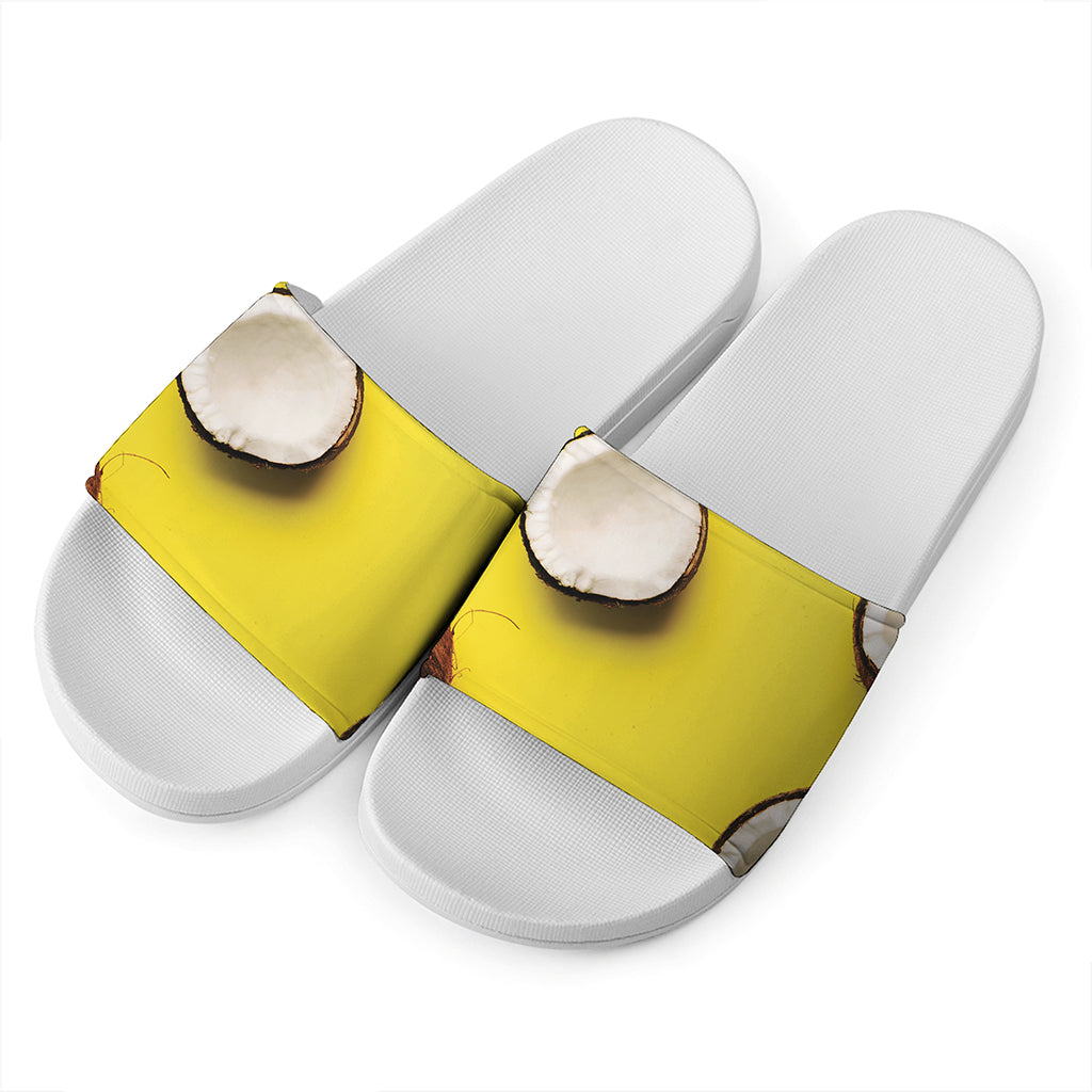 Yellow Coconut Pattern Print White Slide Sandals